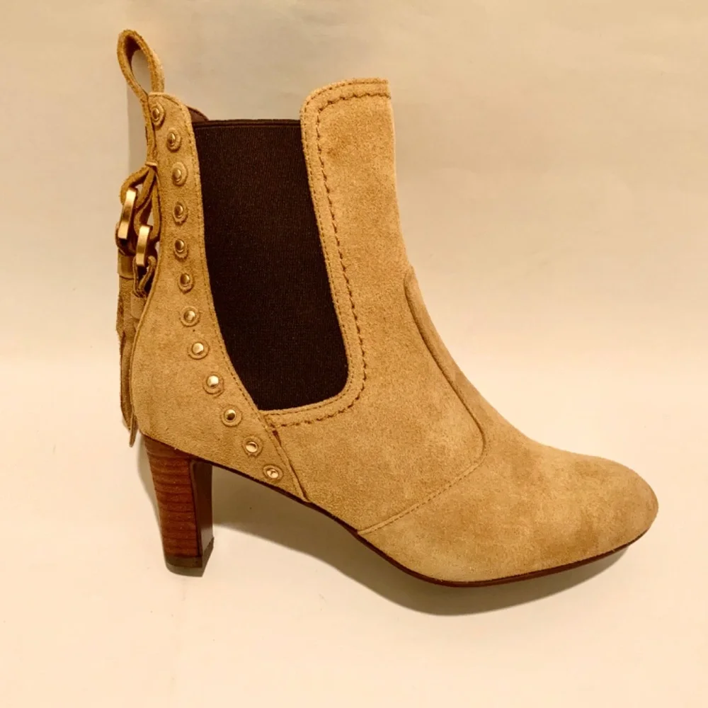 See by Chloé Beige Tan Suede Tasseled Studded Chelsea Ankle Boots Boho Booties